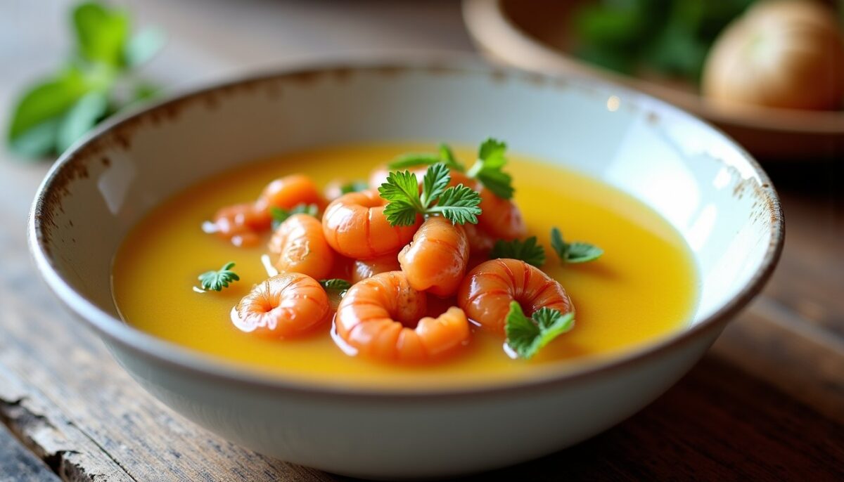 Recette facile : velouté de poireaux accompagné de crevettes sautées au gingembre
